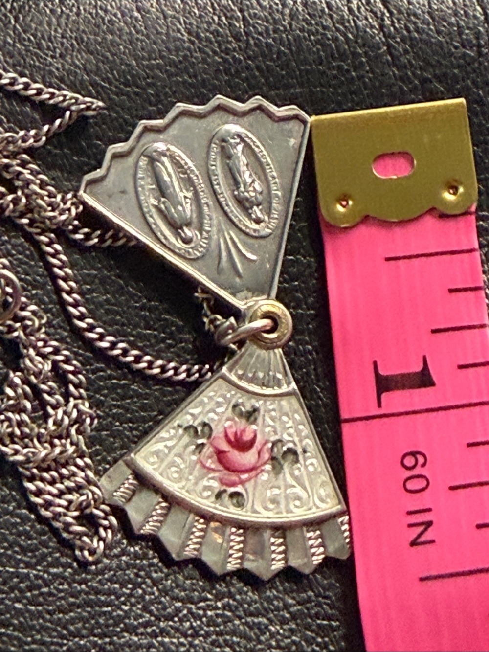 Vintage 925 Guilloche Enamel Rose Slide Hand Fan 4-Way Religious Medal Necklace - Picture 12 of 16